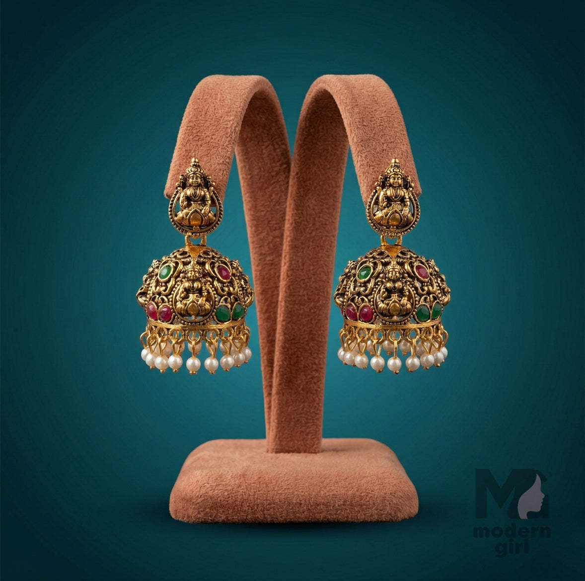 Temple Lakshmi Jhumka Earrings with Pearl Drops