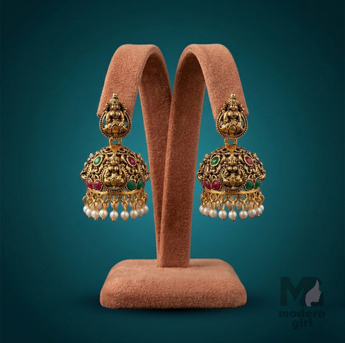 Temple Lakshmi Jhumka Earrings with Pearl Drops