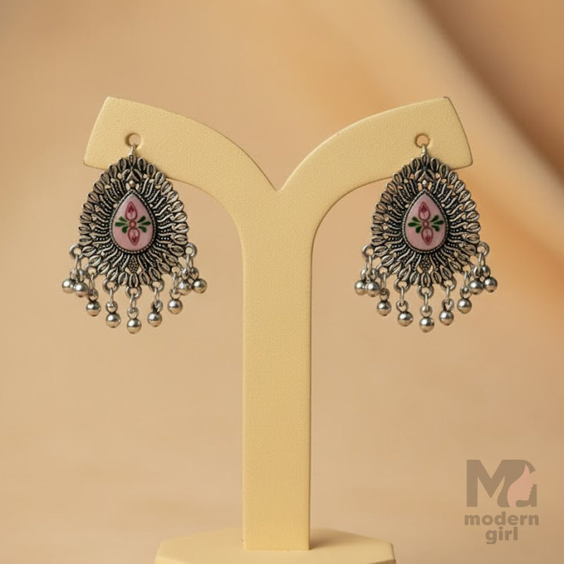 Enamel Floral Dangler Silver Earrings