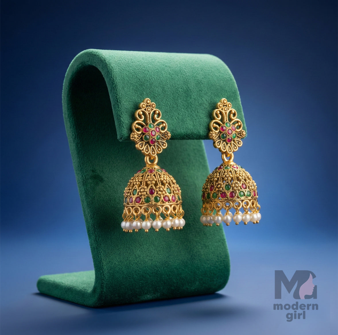 Antique Gold Multi-Stone Temple Jhumka Earrings with Pearl Drops