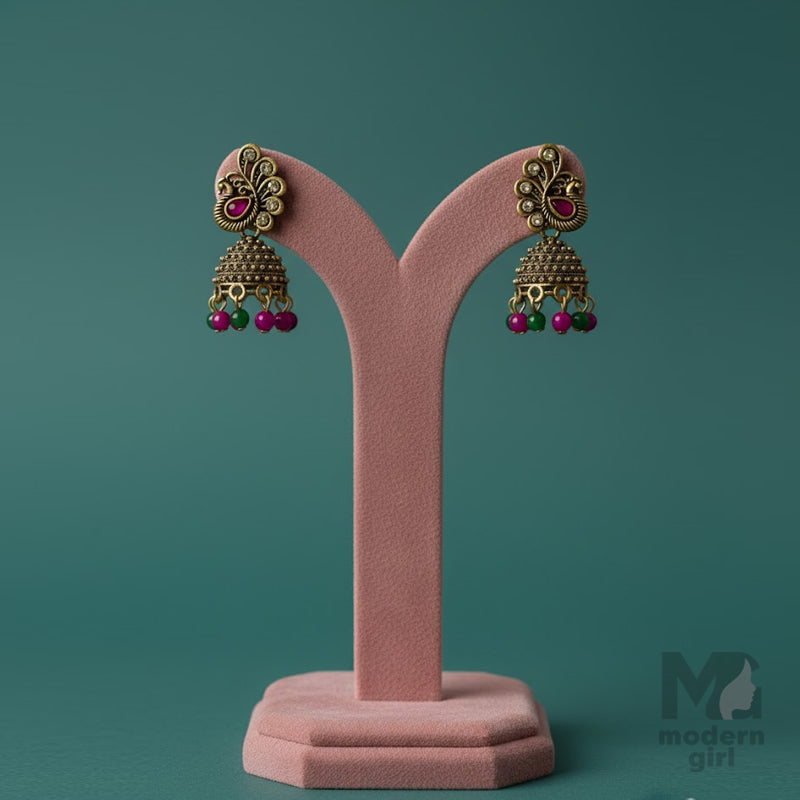 Antique Peacock Feather Top Jhumka with Pink & Green Beads