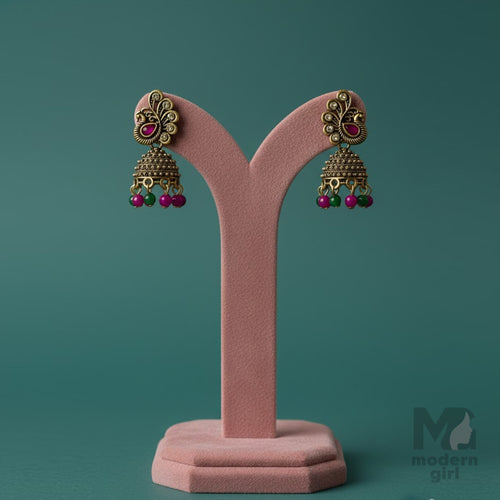 Antique Peacock Feather Top Jhumka with Pink & Green Beads