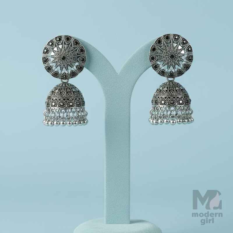 German Silver Mandala Sunburst Jhumka Earrings