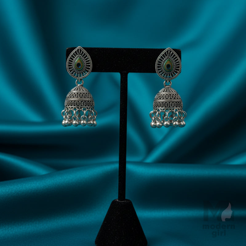 Peacock Teardrop Oxidised Silver Jhumka