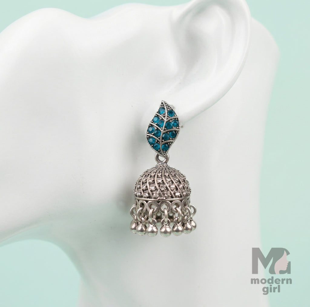 Leaf Design Silver Jhumka Earrings – Antique Oxidised Ethnic Design