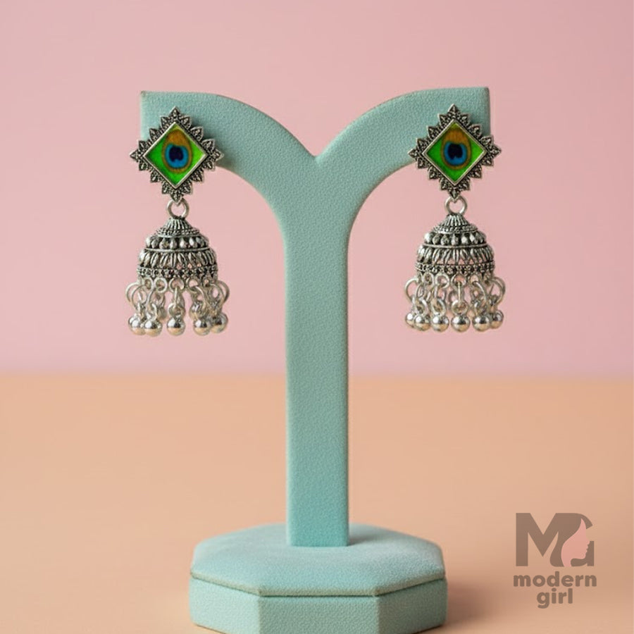 Oxidised Peacock Eye Square Stud Jhumka Earrings