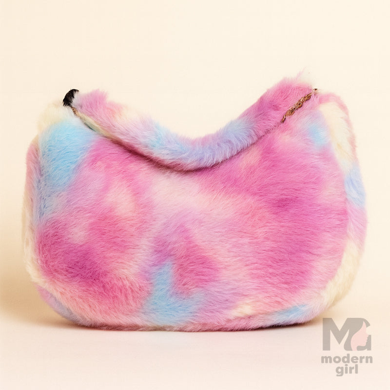Pastel Fur Shoulder Bag with Butterfly Charm – Cute & Trendy Handbag for Girls