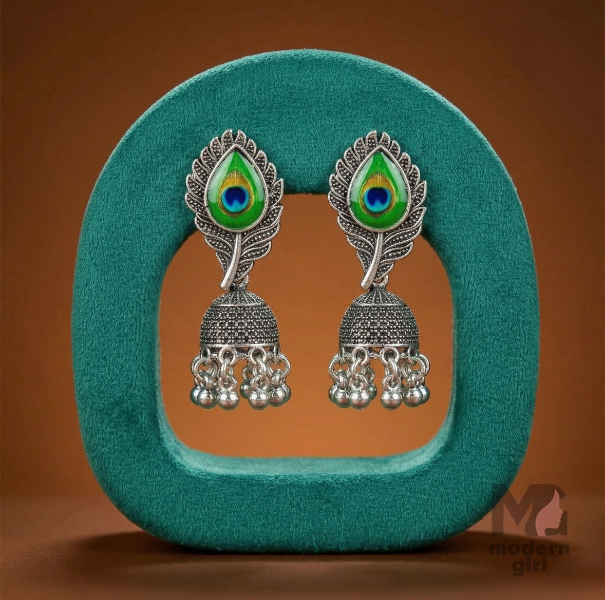 Peacock Feather Design Oxidized Silver Jhumka Earrings