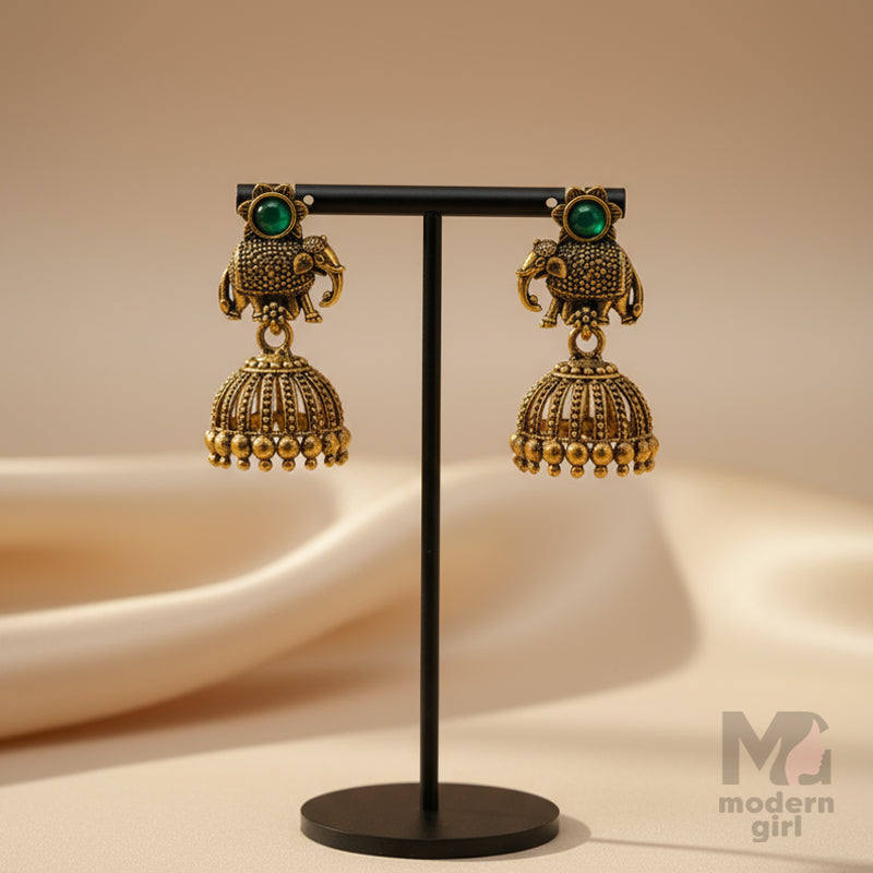 Antique Gold Elephant Motif Jhumka Earrings with Stone