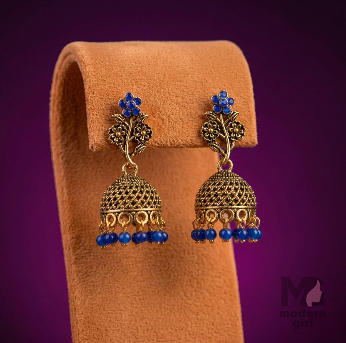 Floral Antique Jhumka Earrings with Bead Drops | Traditional Ethnic Jewelry for Women