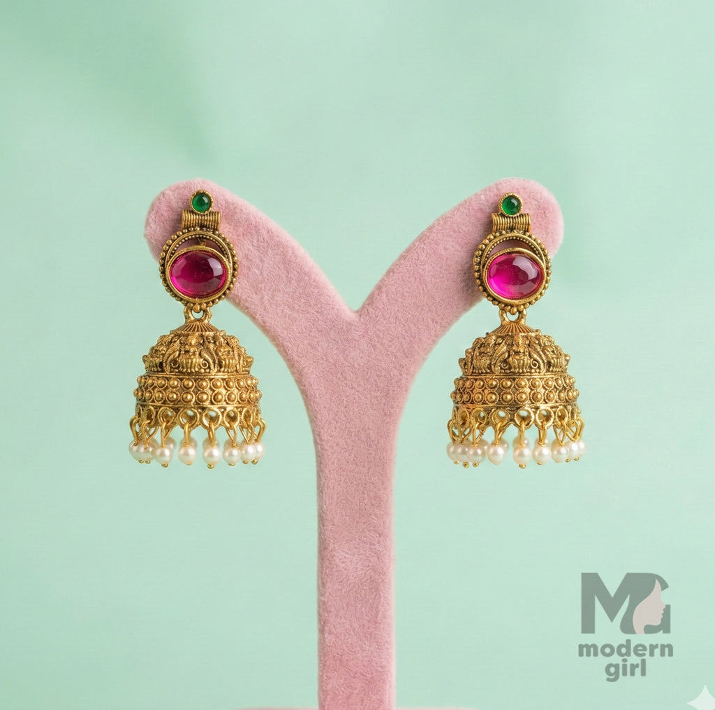 Royal Antique Gold Temple Jhumka Earrings with Ruby Stone & Pearl Drops