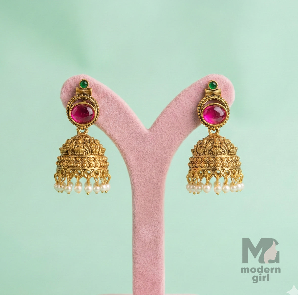 Royal Antique Gold Temple Jhumka Earrings with Ruby Stone & Pearl Drops