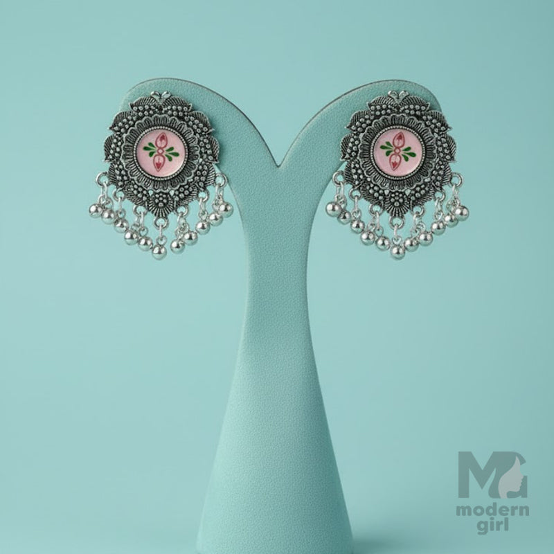 German Silver Earrings with Floral Artwork & Beaded Danglers