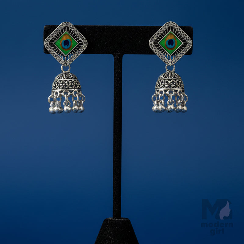 Peacock Oxidised Silver Jhumka