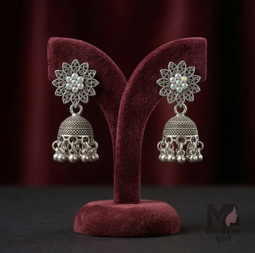 Floral Crystal Oxidized Silver Jhumka Earrings for Women