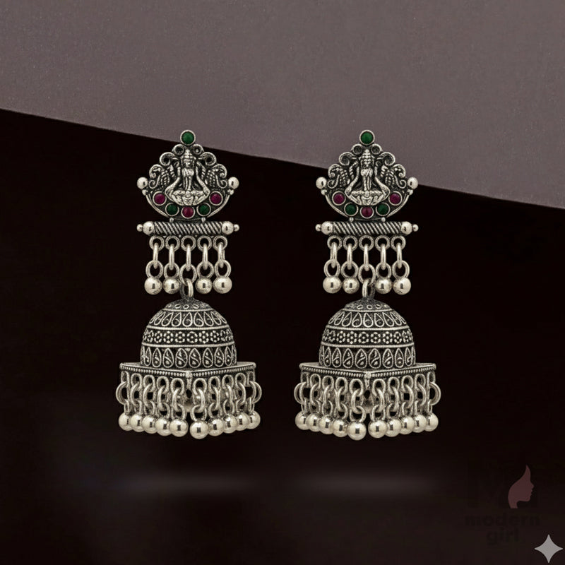 Oxidized Silver Dome Jhumka Earrings with Intricate Temple Design