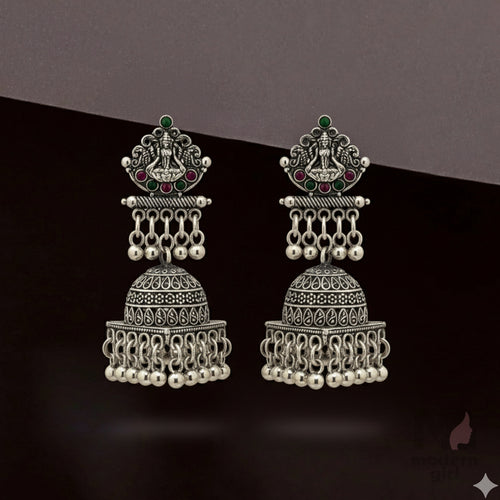 Oxidized Silver Dome Jhumka Earrings with Intricate Temple Design