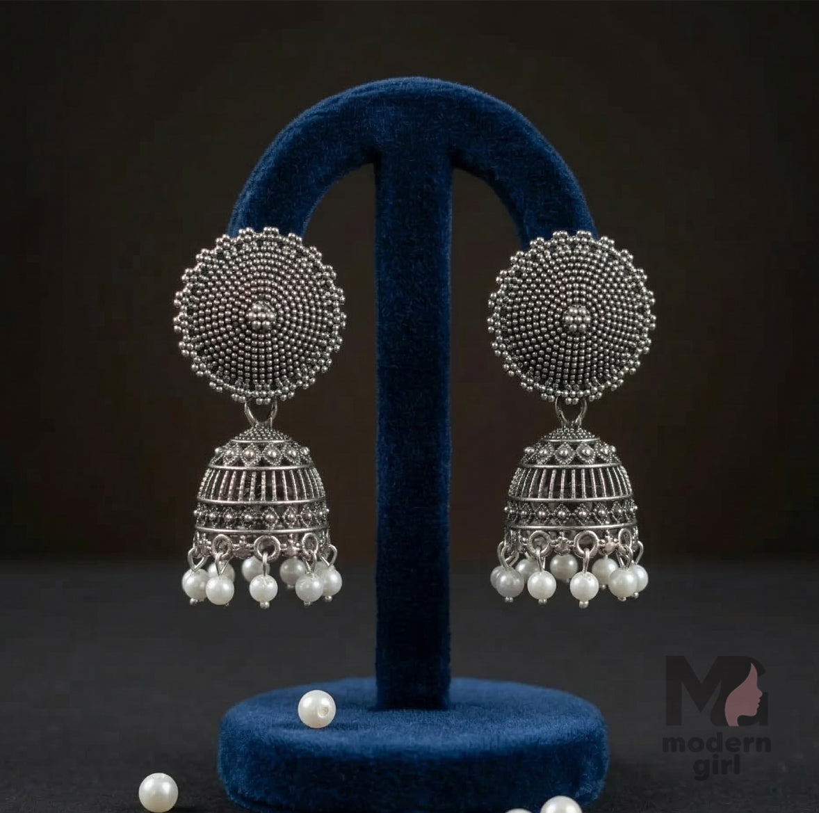 Royal Dome Oxidized Silver Jhumka Earrings with Pearl Drops