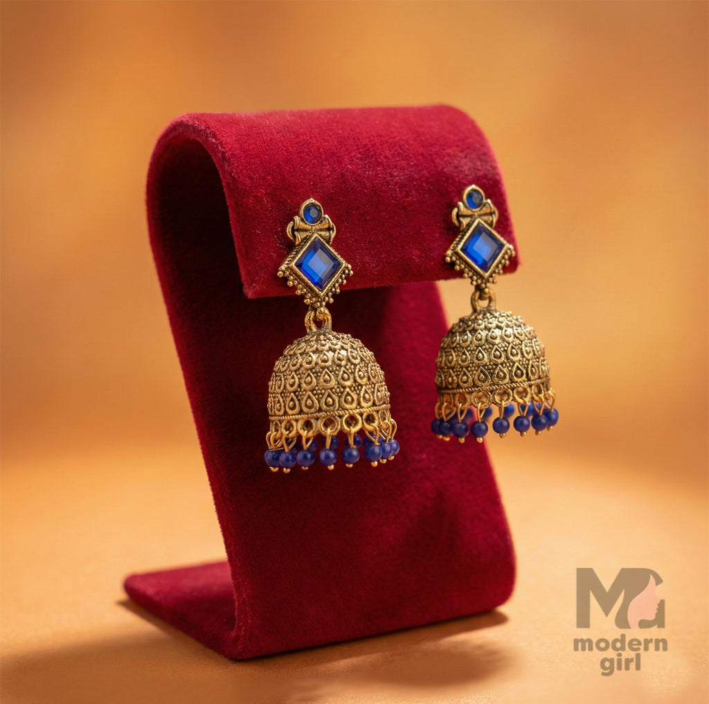Antique Geometric Stone Jhumka Earrings with Bead Drops