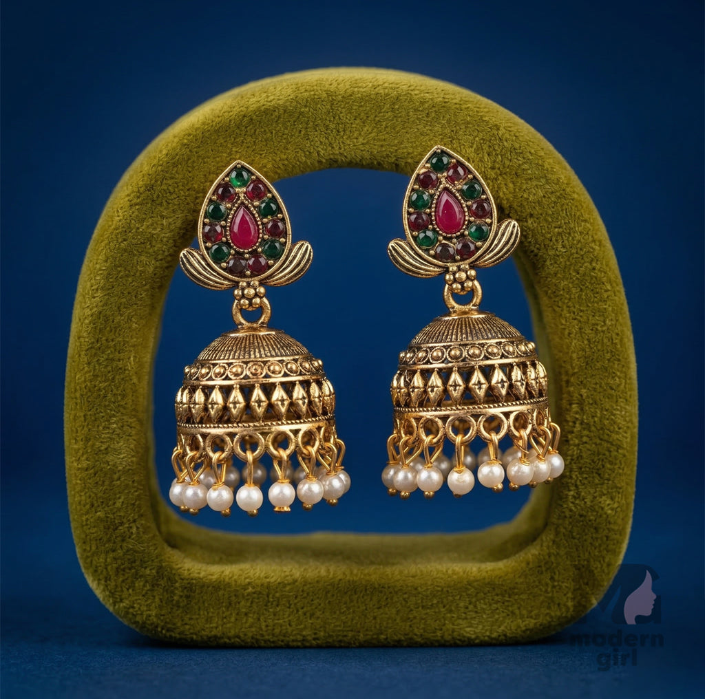 Traditional Temple Jhumka Earrings with Pearl Drops | Antique Ethnic Jewelry for Women
