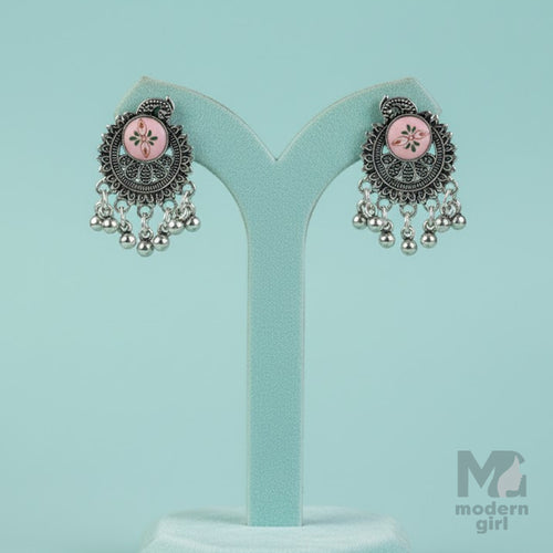 German Silver Earrings with Pink Floral Design & Silver Bead Danglers