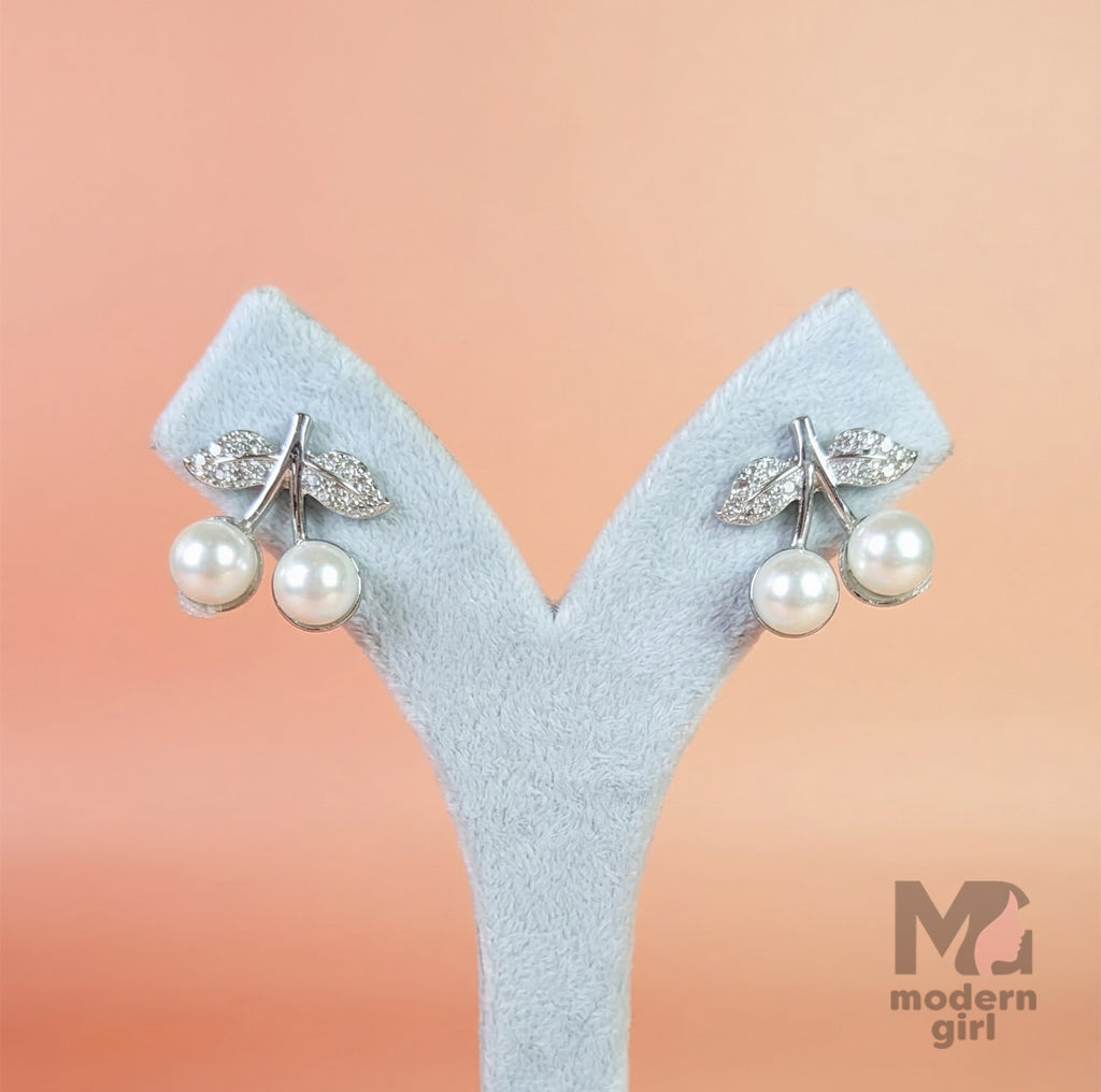 Cherry Pearl Drop Earrings with Crystal Leaf Design