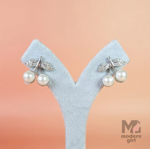 Cherry Pearl Drop Earrings with Crystal Leaf Design