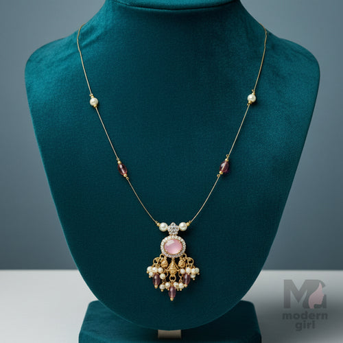 Elegant Pink Stone Antique Gold Pendant Necklace with Pearl & Ruby Beads
