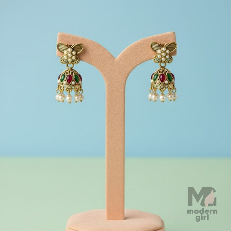 Pearl Studded Traditional Jhumka Earrings with Green & Red Stones