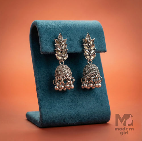 Oxidised Silver Leaf Jhumka Earrings for Women