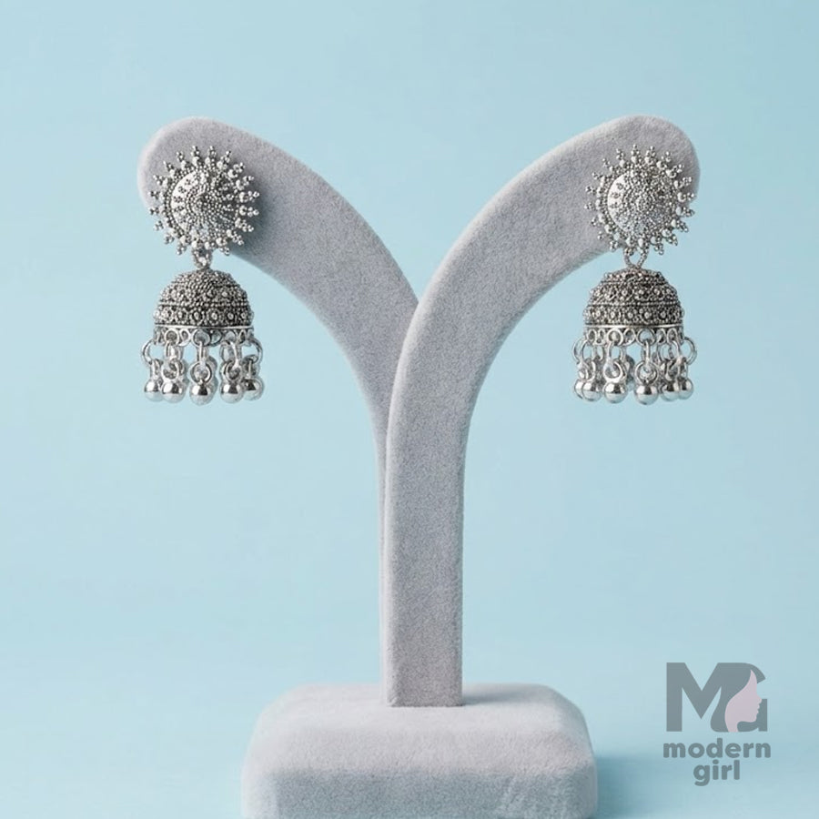 Sunburst Stud Oxidised Jhumka Earrings – Silver Tone