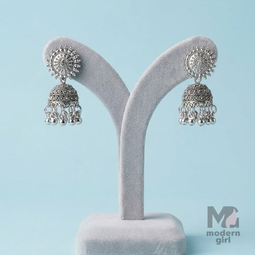 Sunburst Stud Oxidised Jhumka Earrings – Silver Tone
