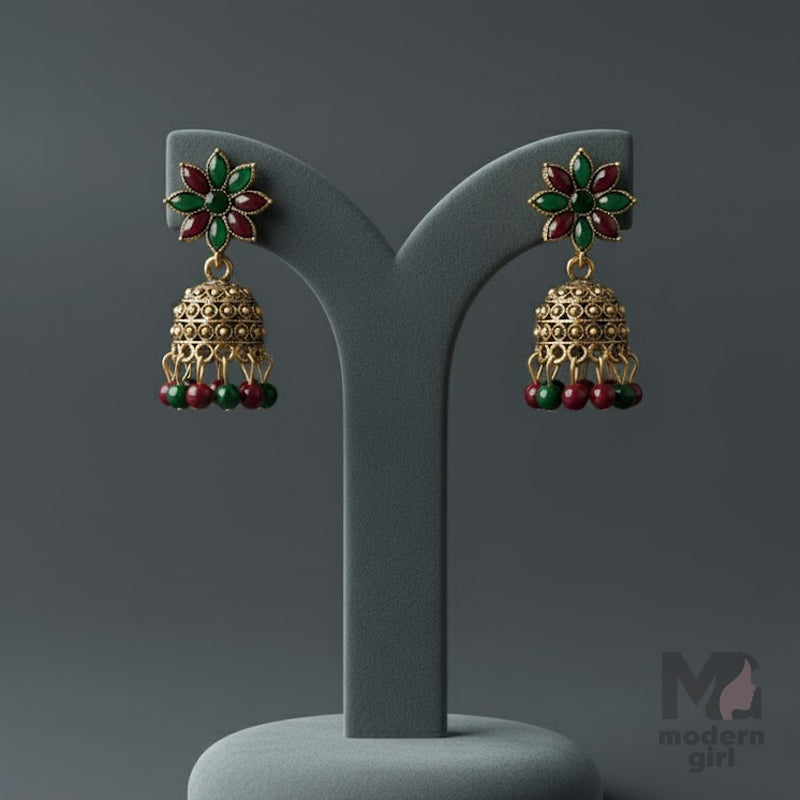 Traditional Green & Red Jhumka Earrings for Women – Antique Gold Finish