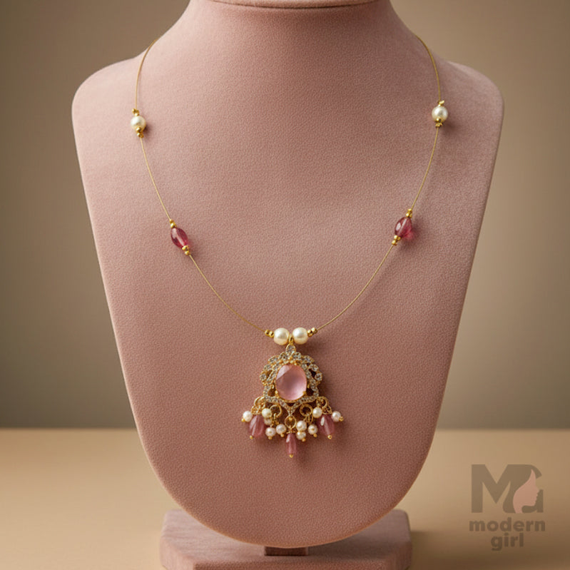 Invisible Chain Necklace with Pink Stone & Pearl Drops