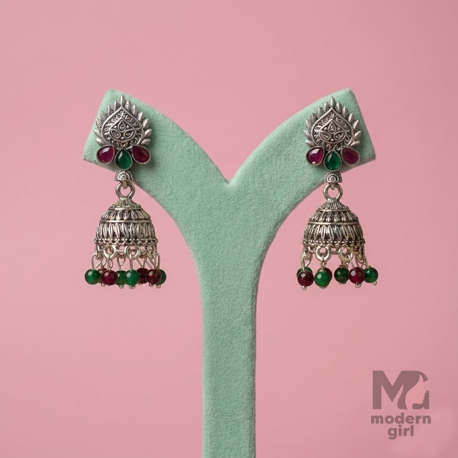 Silver Jhumka Earrings – Ruby & Emerald Stone Drops