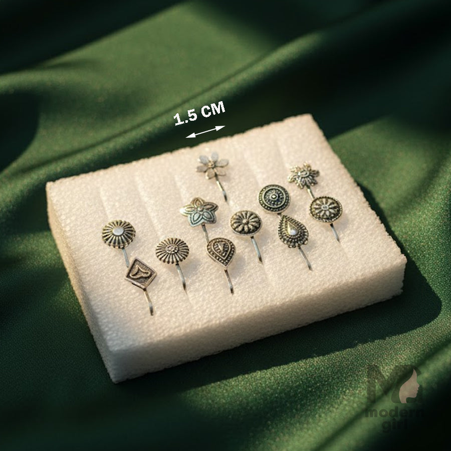 Antique Silver Floral Nose Pin Set