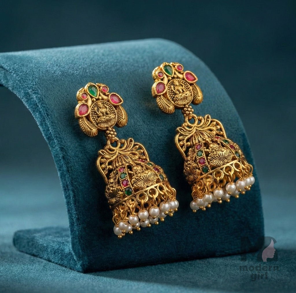 Antique Temple Jhumka Earrings with Pearl Drops