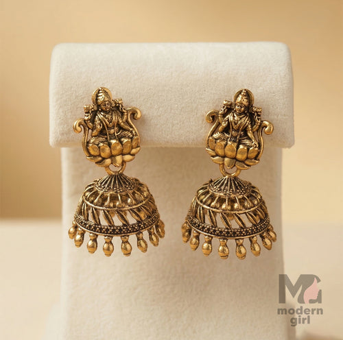 Antique Gold Lakshmi Jhumka Earrings for Women | Traditional Temple Jewelry