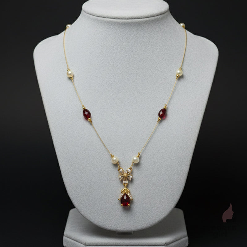 Invisible Chain Necklace with Red Teardrop & Pearls