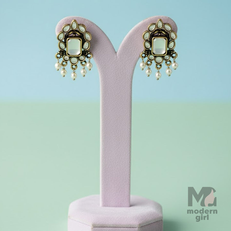 Royal Kundan Pearl Drop Earrings – German Silver Finish