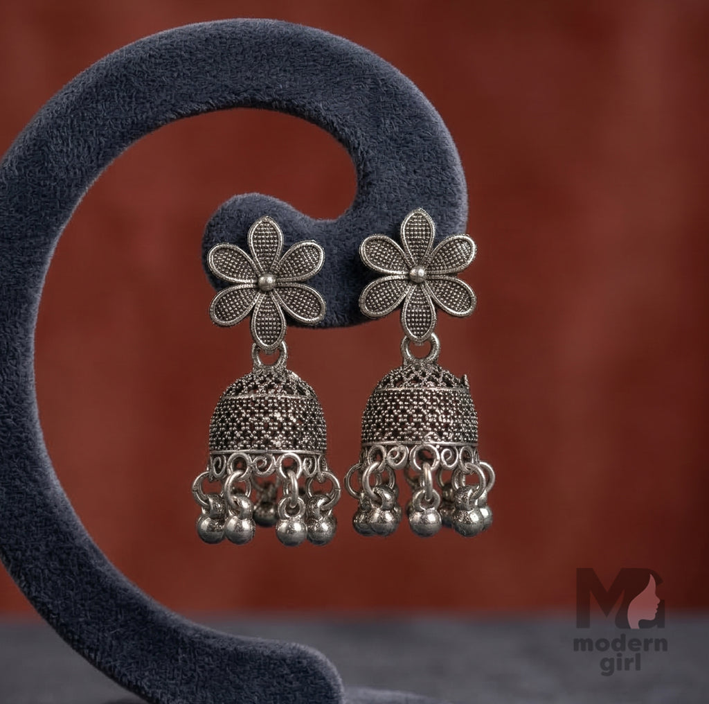 Floral Stud Oxidized Silver Mini Jhumka Earrings for Women