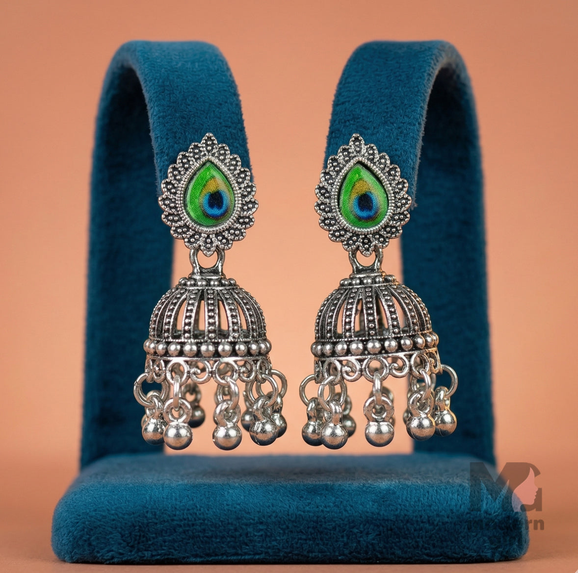 Peacock Eye Stone Oxidized Silver Jhumka Earrings