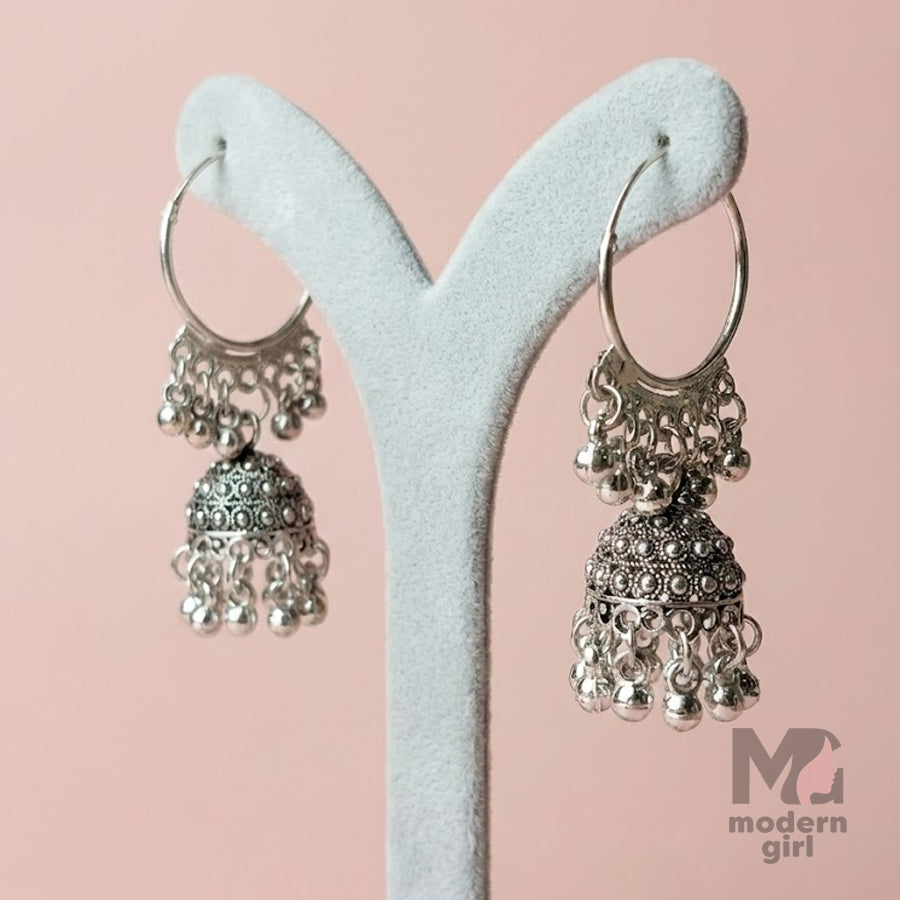 Oxidised Hoop Jhumka Earrings with Ghungroo Drops – Silver Tone