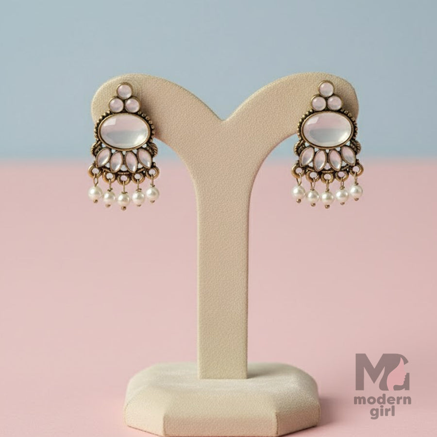 Classic Pearl Drop Stud Earrings – German Silver (Antique Finish)