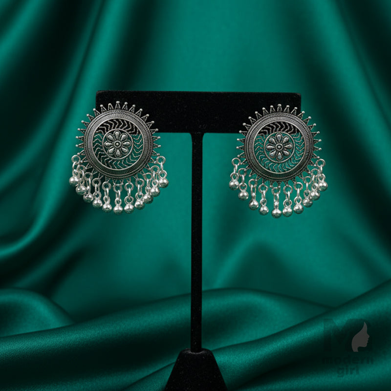 Oxidised Round Floral Earrings with Hanging Beads