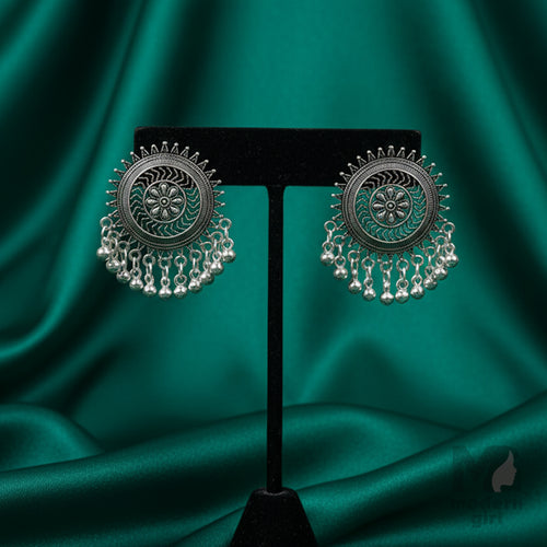 Oxidised Round Floral Earrings with Hanging Beads