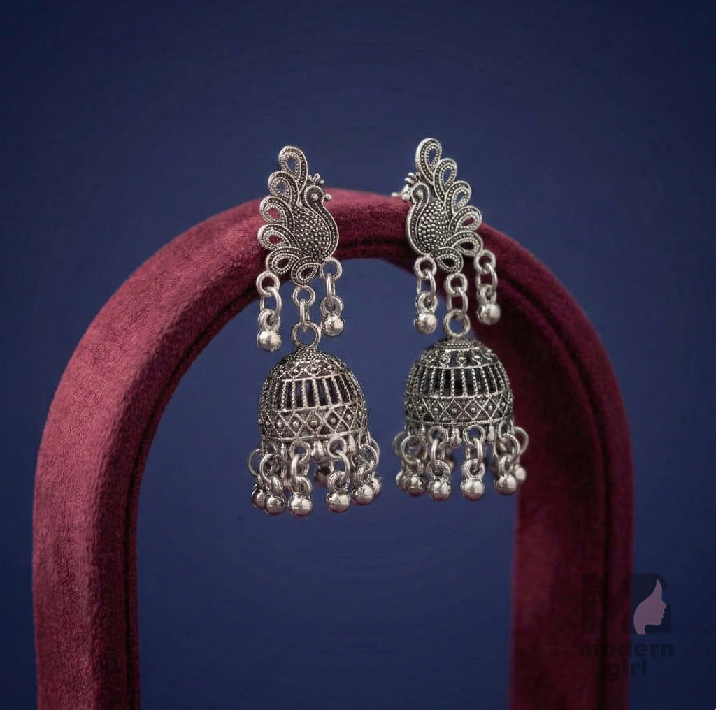Oxidised Silver Jhumka Earrings with Peacock Design and Dangling Beads