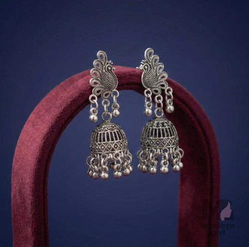 Oxidised Silver Jhumka Earrings with Peacock Design and Dangling Beads