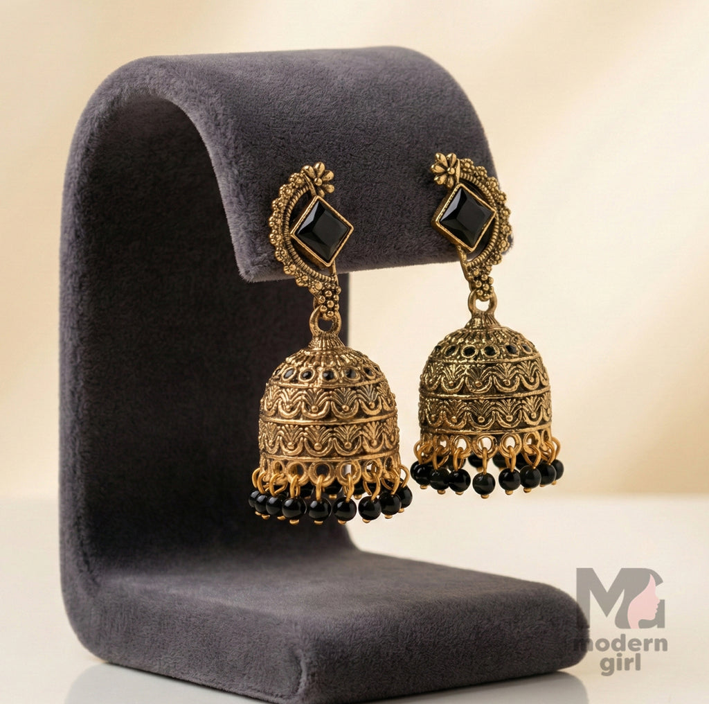 Antique Stone Stud Jhumka Earrings with Bead Drops