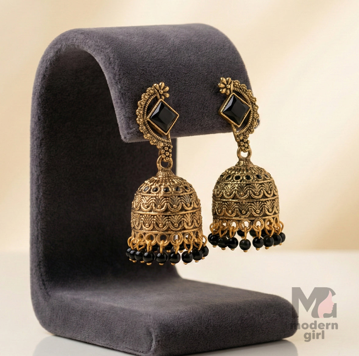 Antique Stone Stud Jhumka Earrings with Bead Drops